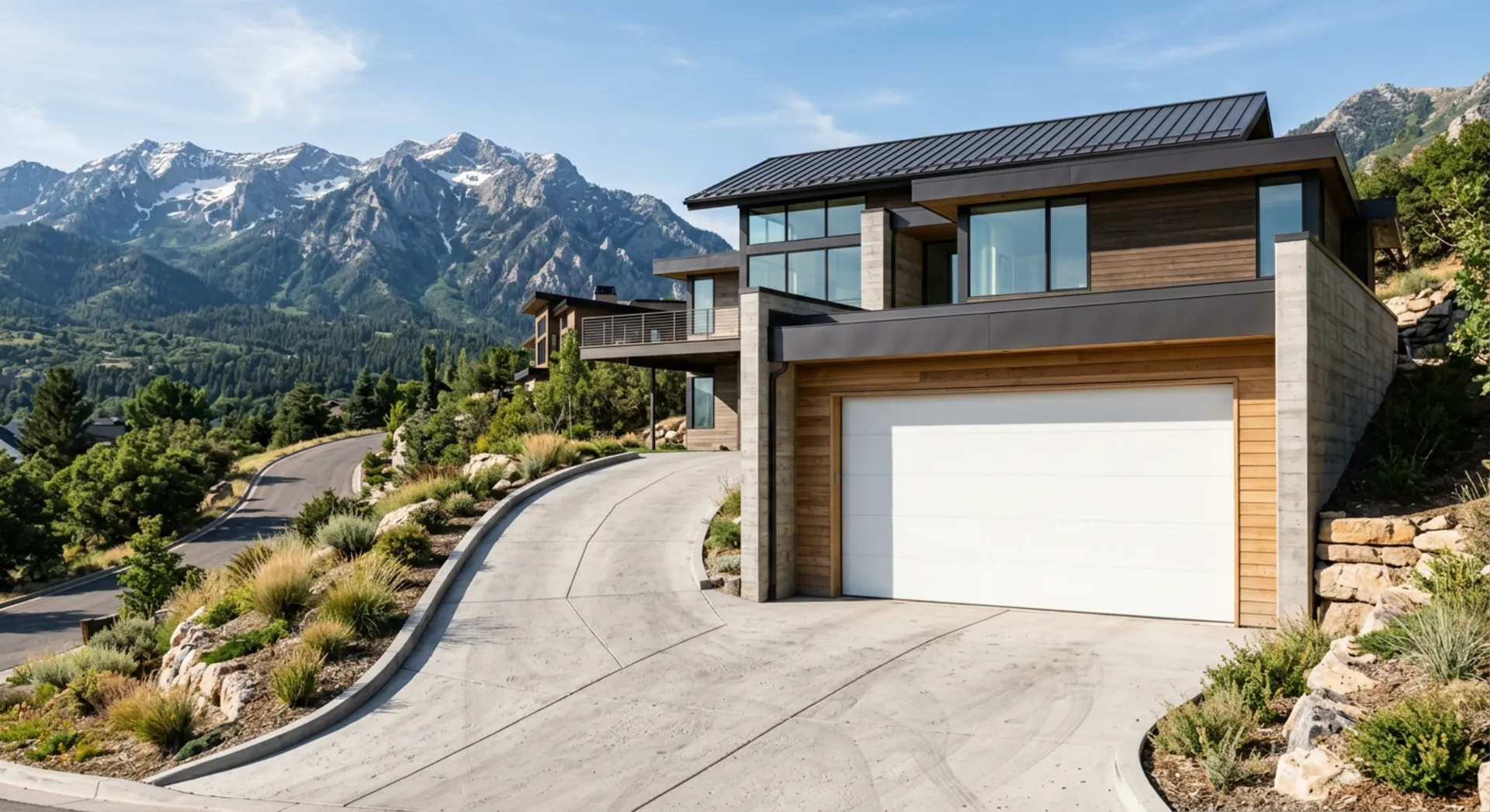 White insulated garage door on a modern hillside home in Draper, Utah with the Wasatch Mountains behind it