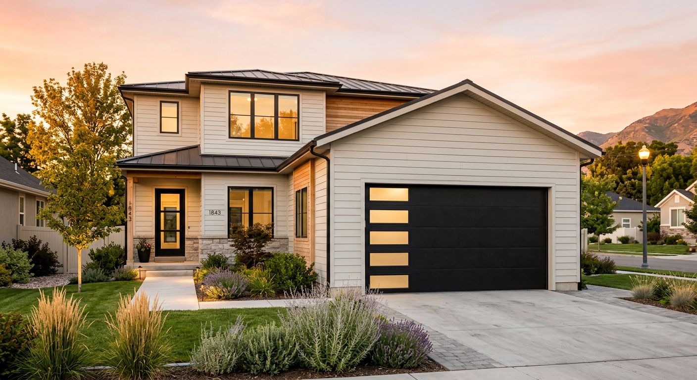 Modern Utah home with a black flush-panel garage door featuring a vertical stack of frosted windows on the left side